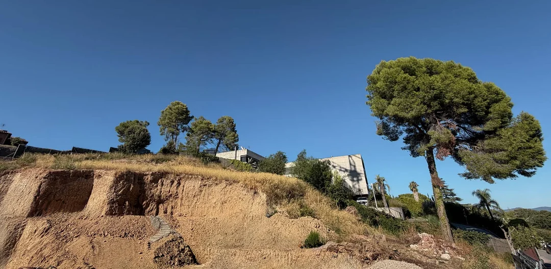 El solar en su estado actual: el desmonte terminado, retiradas todas las construcciones anteriores, y el pino que se conserva junto a la calle.